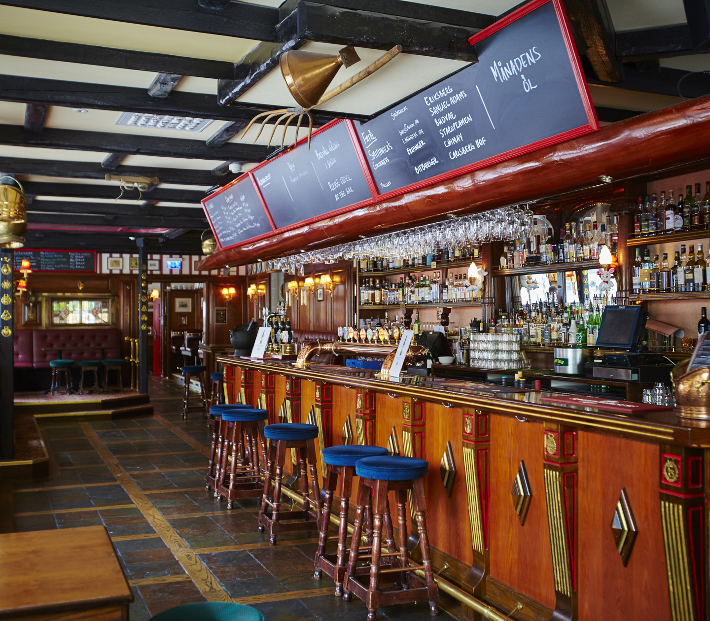 Classic English pub with bar, bar stools and menus